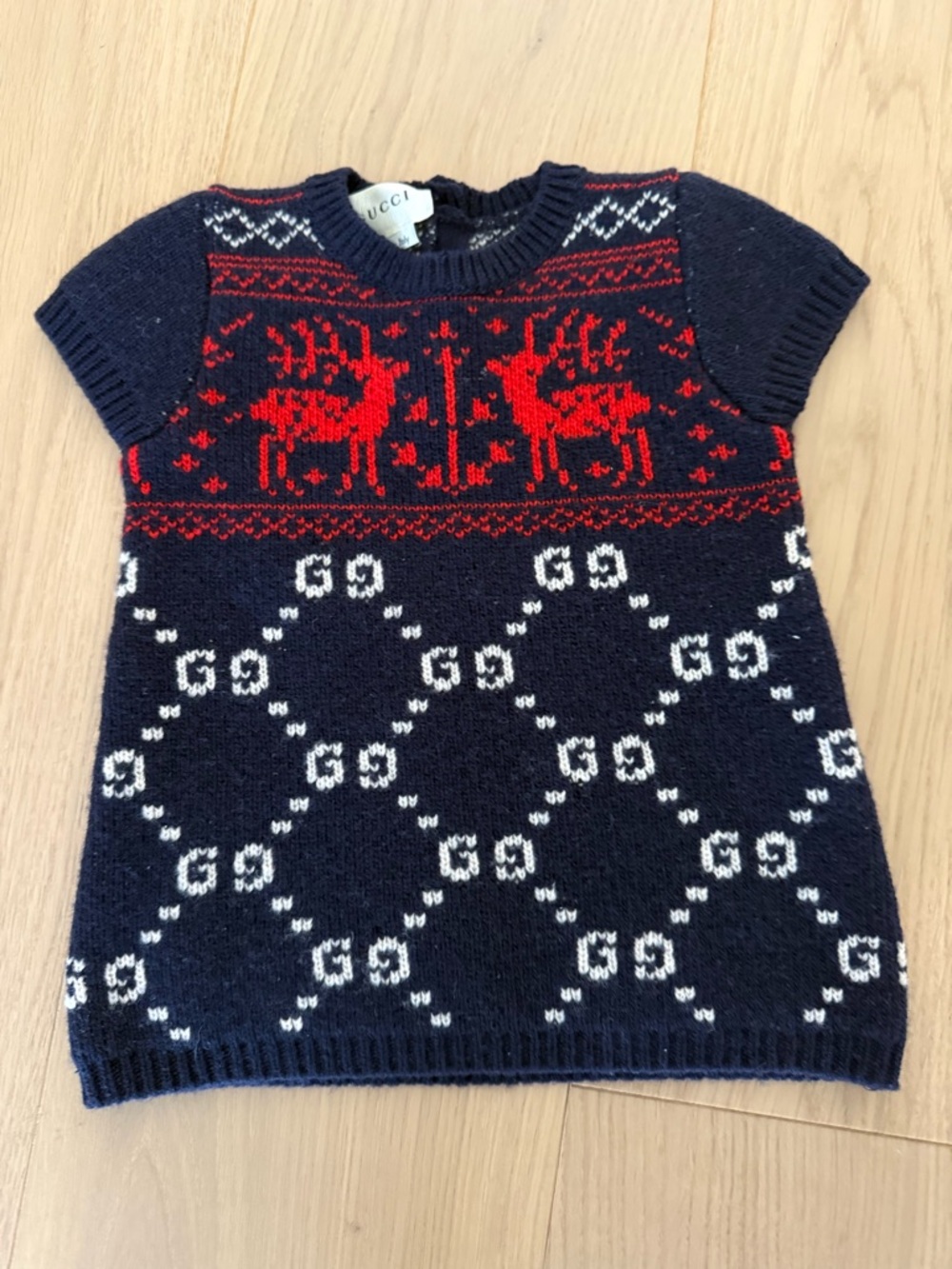 Authentic Gucci Navy & Red Knit Kids Wool Sweater Dress with GG Motif 3-6 months